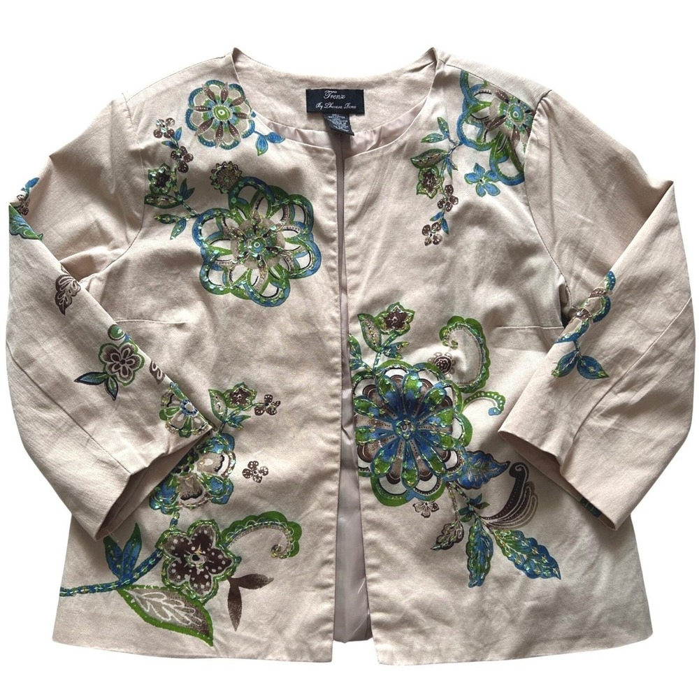 VTG Y2K Trenz by Theresa Renz Blazer Women‎ M Floral Embroidered Sequin Boho Art
